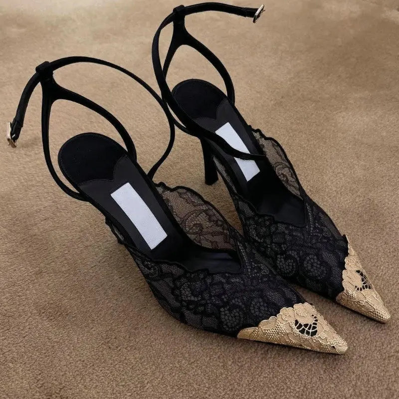 Fashion Lace Sequin Hollow Out Mesh Women Pumps Sexy Pointed Toe Designer Low Heels Slingback Sandals Ladies Shoes