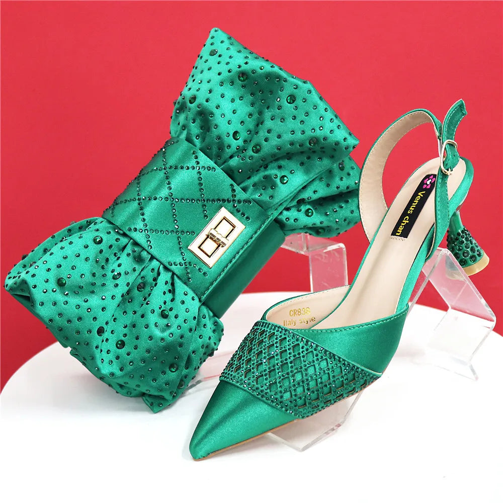 Latest Women Italian Shoes and Matching Bags Decorated with Rhinestone Elegant Pointed Toe Wedding Shoes Bride