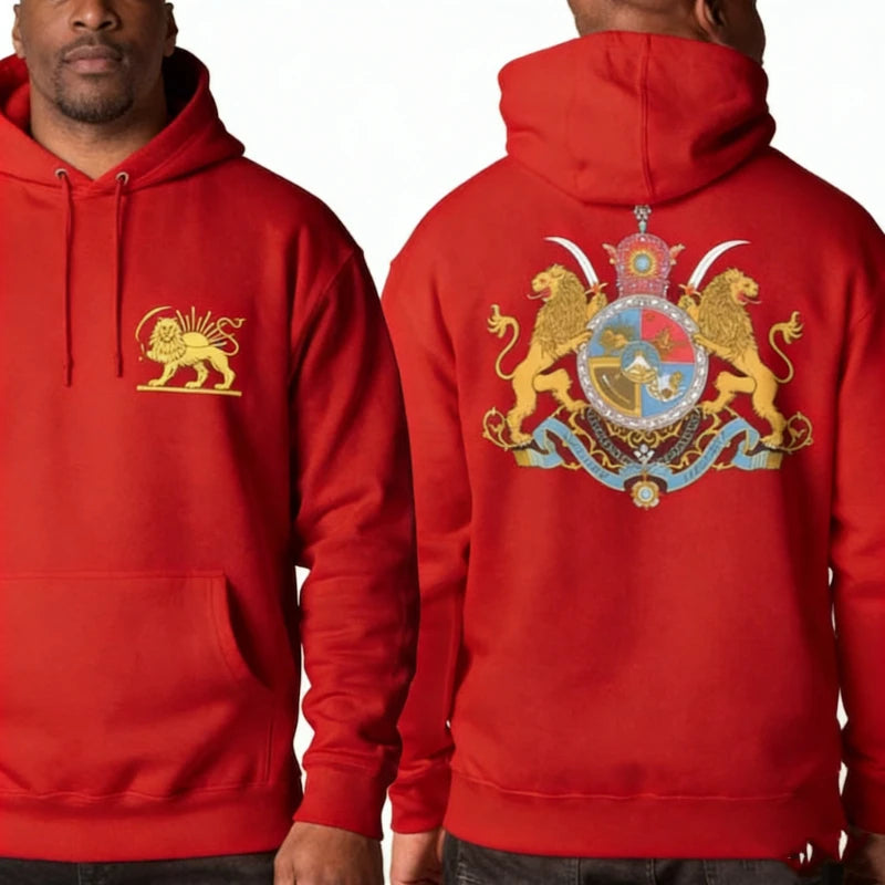 Persian Lion & Sun Matching Hoodie Imperial Crest Back Print Autumn and Winter Streetwear Long Sleeve Keep Warm Casual Pullover