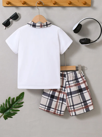 Summer Boys' Fashionable Plaid Printed T-Shirt Shorts Two-Piece Suit Simple Fashion Casual Style