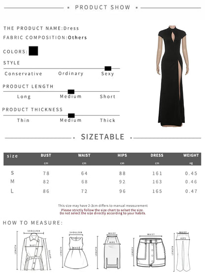 High Splits Solid Long Dress Woman Half High Collar Short Sleeve Hollow Design Midnight Club Party Elegant Vestidos