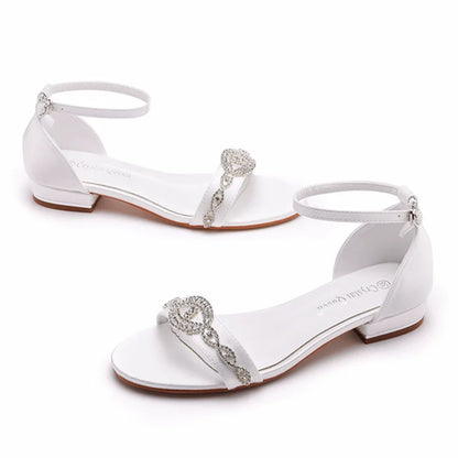Summer new 2-cm square-heeled silk ribbon pearl rhinestone low-heeled wedding shoes beaded lace-up flat large-size women sandals