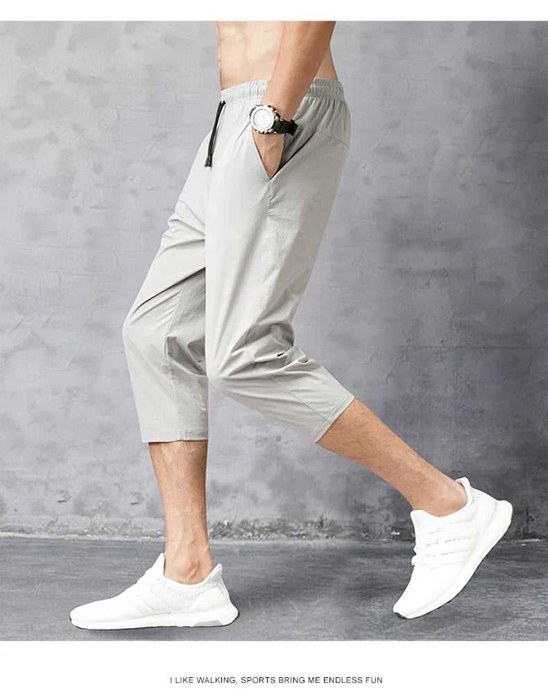 3/4 Length Men's Shorts Quick Drying Ice Silk Summer Breeches Male Long Calf Bermuda Board Beach Elastic Big Size Nylon Stretch