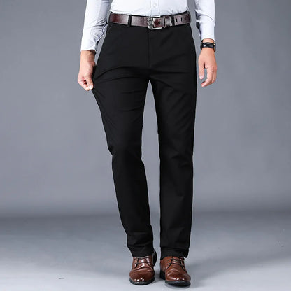 98% Cotton Casual Pants Men Straight Loose High Waist Business Stretch Trousers Mens Solid Color Full Length Pants Man Plus Size