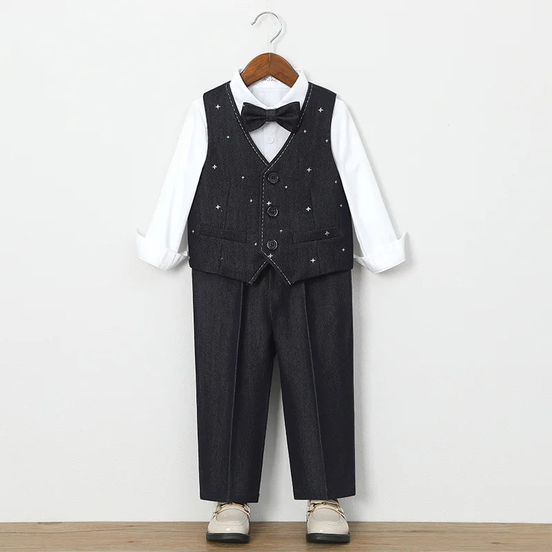 Autumn Children Boys Wedding Suit Star Printed Blazer Vest Pant 3/4/5Pcs Suit Outfit Set Formal Elagant Suit For Boys 1-10 Years