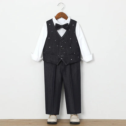 Autumn Children Boys Wedding Suit Star Printed Blazer Vest Pant 3/4/5Pcs Suit Outfit Set Formal Elagant Suit For Boys 1-10 Years