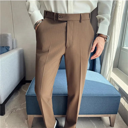 Autumn Winter Elastic Waist Suit Pants Men High Quality Youthful Vitality Smart Casual Suit Trousers Mens Solid Striped Pants