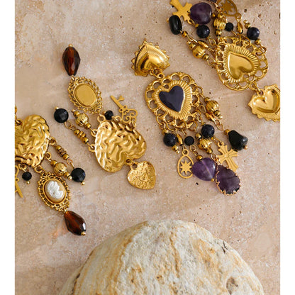 Vintage Stainless Steel Heart Cross Key Charm Pendant Drop Earrings Golden Plated Crystal Resin Stone Waterproof Jewelry