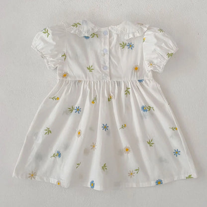 2026 Girls Dress Korean Edition Summer New 2-6Yrs Cotton Embroidered Flower Short Sleeve Girls' Dress Cute Dress