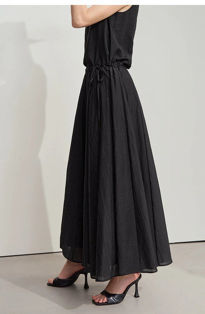 Minimalist New Summer Knee Length A-line Skirt Women Adjustable Drawstring Solid Color Commuting Style Loose Skirt 12522025