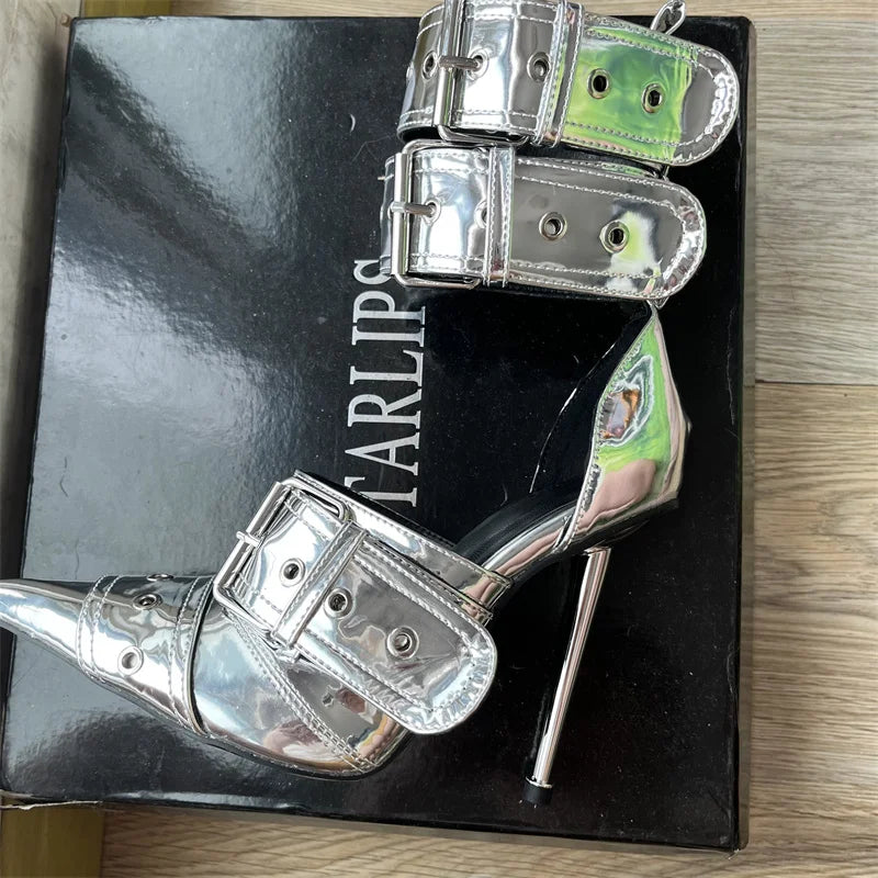 Denim Metal Rivet Buckle Silver Sandals Women's Sexy Punk Style Pointed Metal Hollow 12cm High Heels Size 34-43 Womens Shoes
