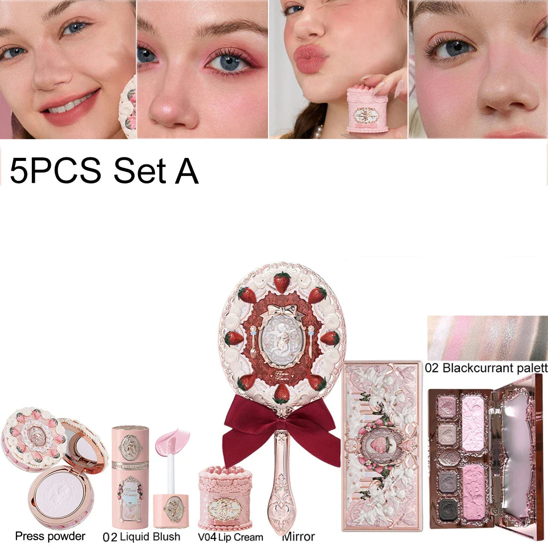 Flower Knows Strawberry Cupid Velvet Matte Lip Cream Pressed Powder Liquid Blush Set Long Lasting Lightweight Makeup