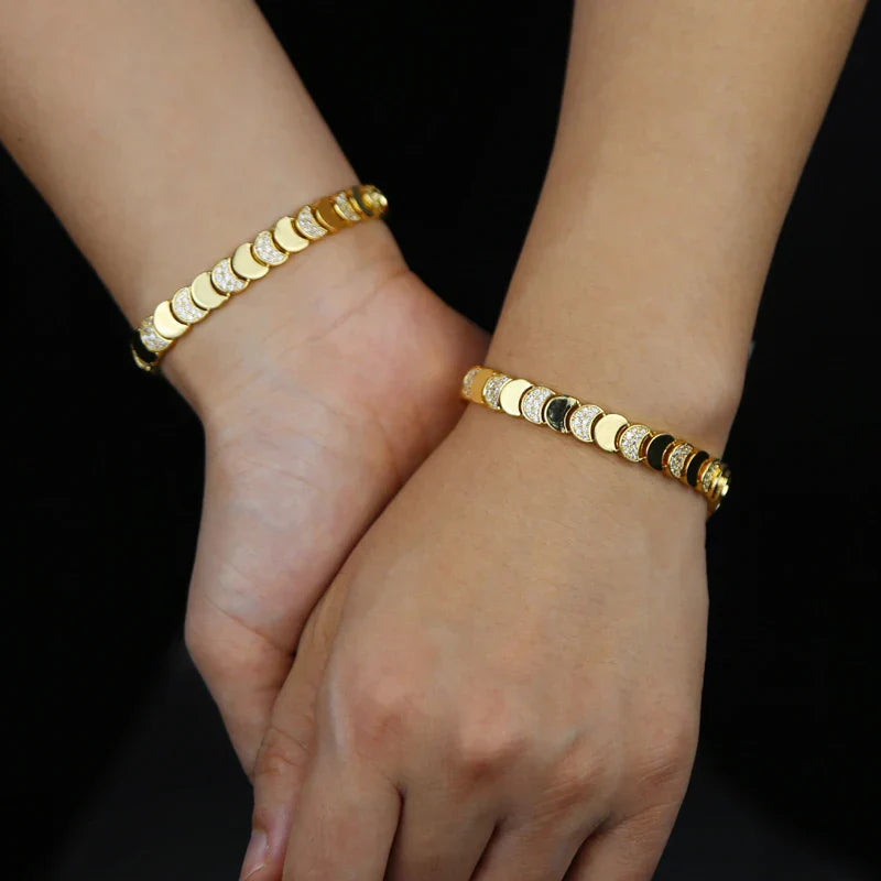 Gold Color Fashion Women Jewelry Set Geometric Shiny Plain Paved 5A CZ Moon Shaped Chain Choker Necklace Bracelet