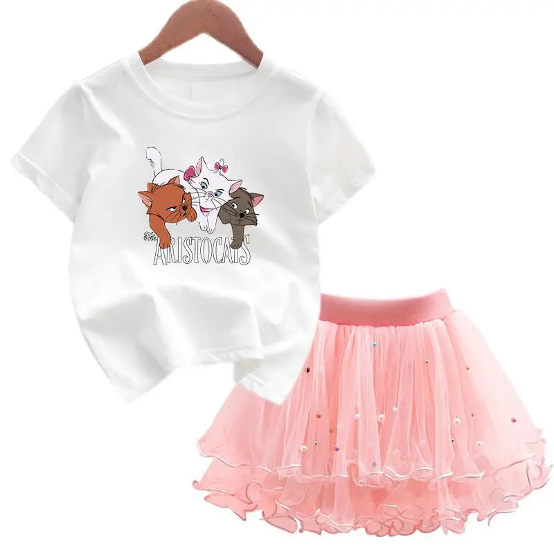 The Aristocats Marie Cat 2Pcs/Set Girl Dress Kid Birthday Clothes Party Princess Dress T-shirt+Tutu Skirt Summer Christmas Gift