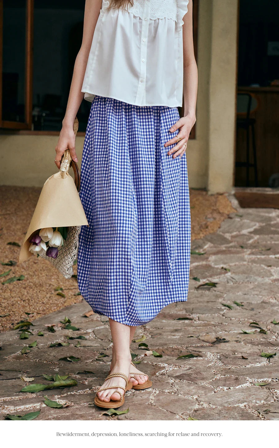 Women's Summer 2026 Midi Elastic Waistband Skirt Elegant Office Ladies Blue Plaid BUD Skirt Female Clothes O57XB99598