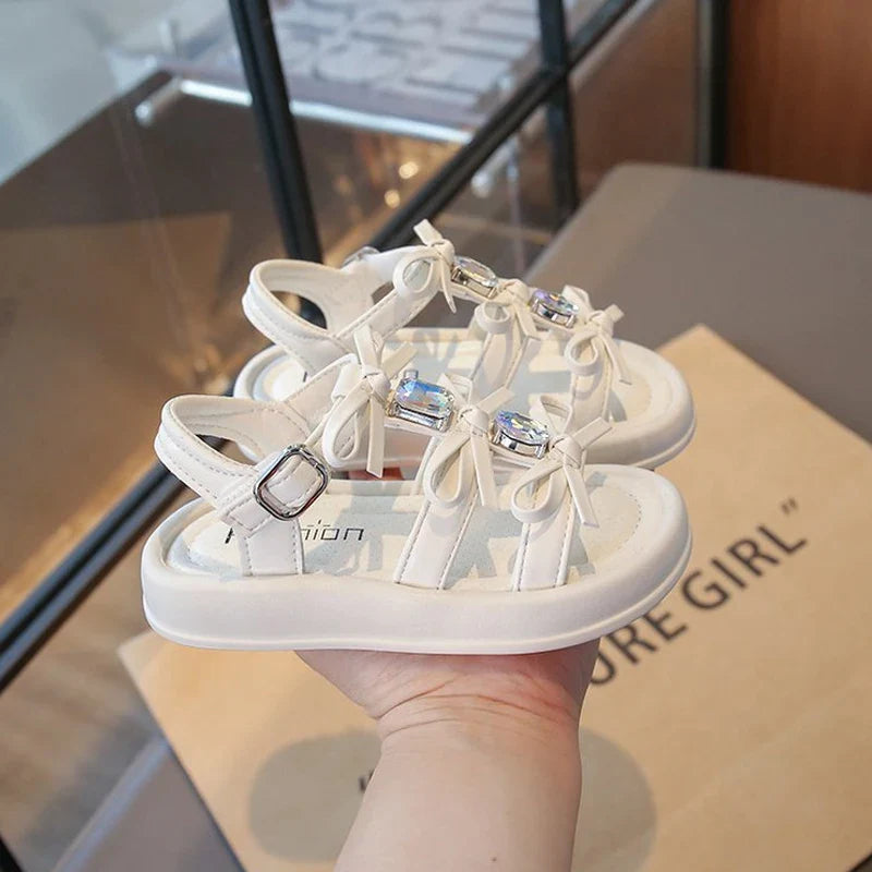 Summer Kids Fashion Hollow-out Roman Sandals Student Water Diamond Bow Sandals Sweet Bowknot Comfortable Elegant Girls Shoes