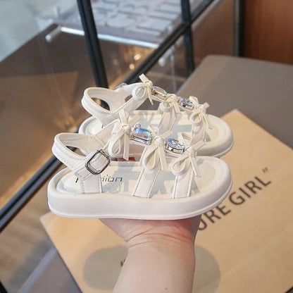 Summer Kids Fashion Hollow-out Roman Sandals Student Water Diamond Bow Sandals Sweet Bowknot Comfortable Elegant Girls Shoes