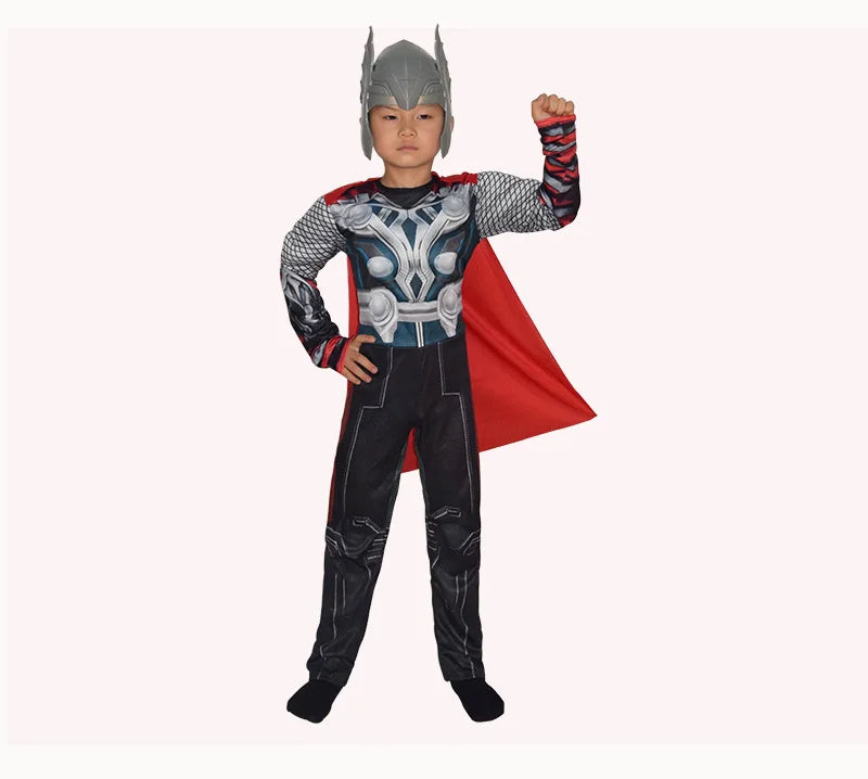 Halloween Carnival Clothes for Children Kids Thor Muscle Costume Superhero Thor Cosplay Muscle Costume Jumpsuit Mask Performance