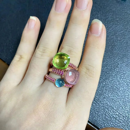 Conjunto de 3 anéis empilháveis ​​Nudo para mulheres, conjunto com cores mistas, cristais tipo bala incrustados, zircônia, ametista, topázio azul, joia redonda, presente