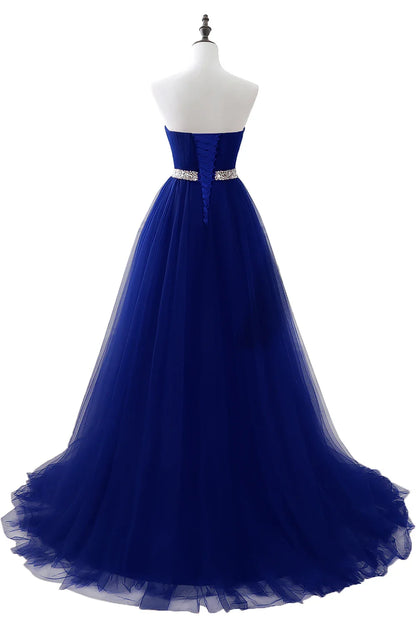 A-line Strapless Tulle Royal Blue Evening Dresses Lace Up Crystal Sequin Formal Party For Bride Sexy Prom Gown Wedding Party