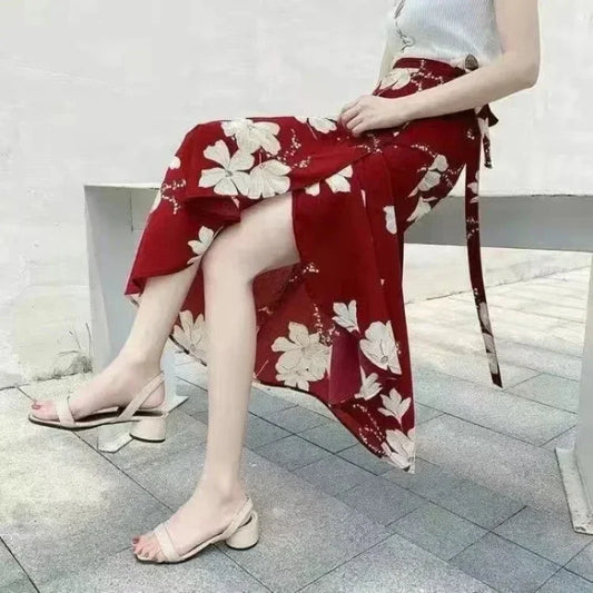 Wrap Skirts Women Casual Chiffon Tie-Waist Ruffle Wide Leg Loose
