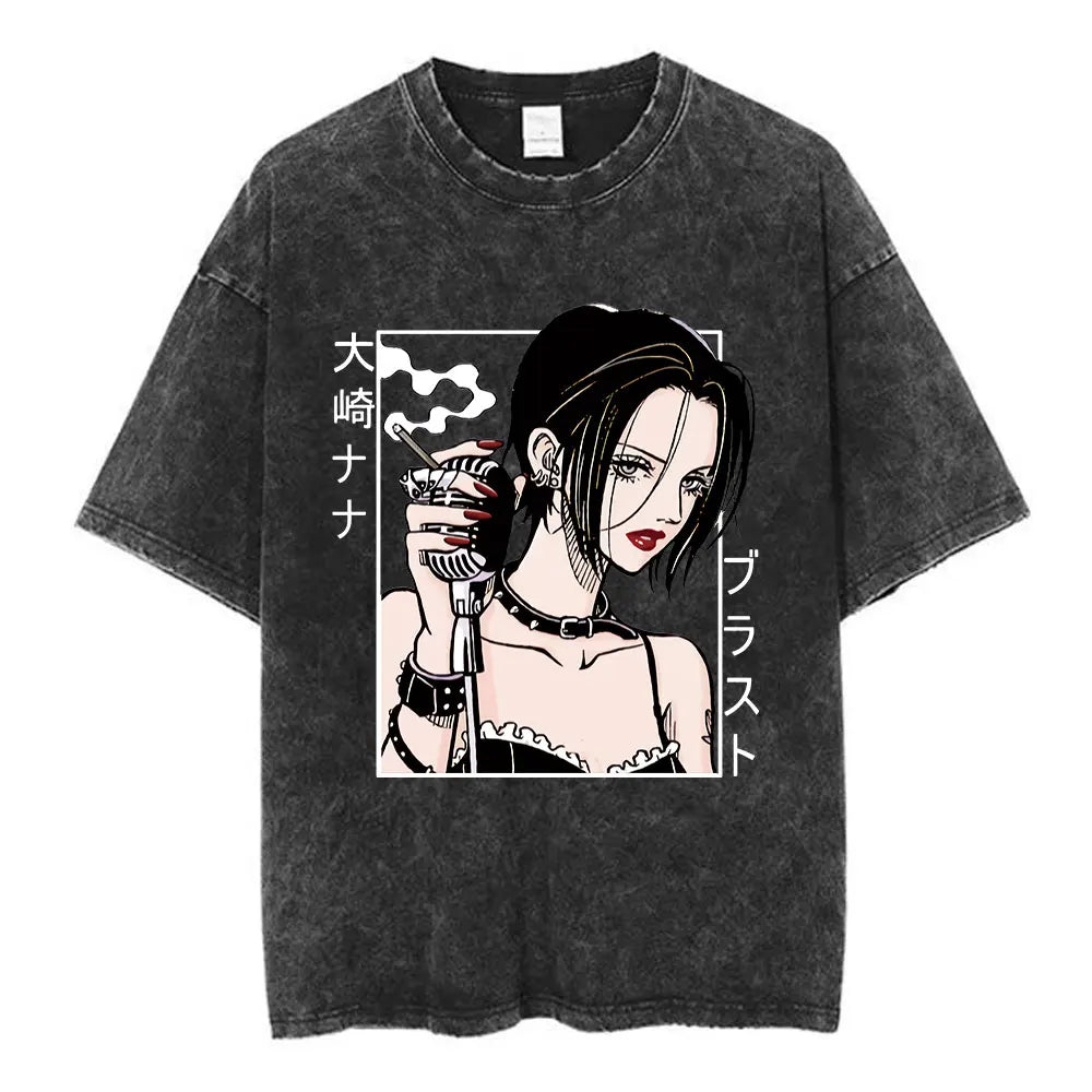 Nana Osaki Japanese Anime Vintage Washed T-shirt Men's Women Clothing Harajuku Short Sleeve T-shirts 100% Cotton Casual T Shirts