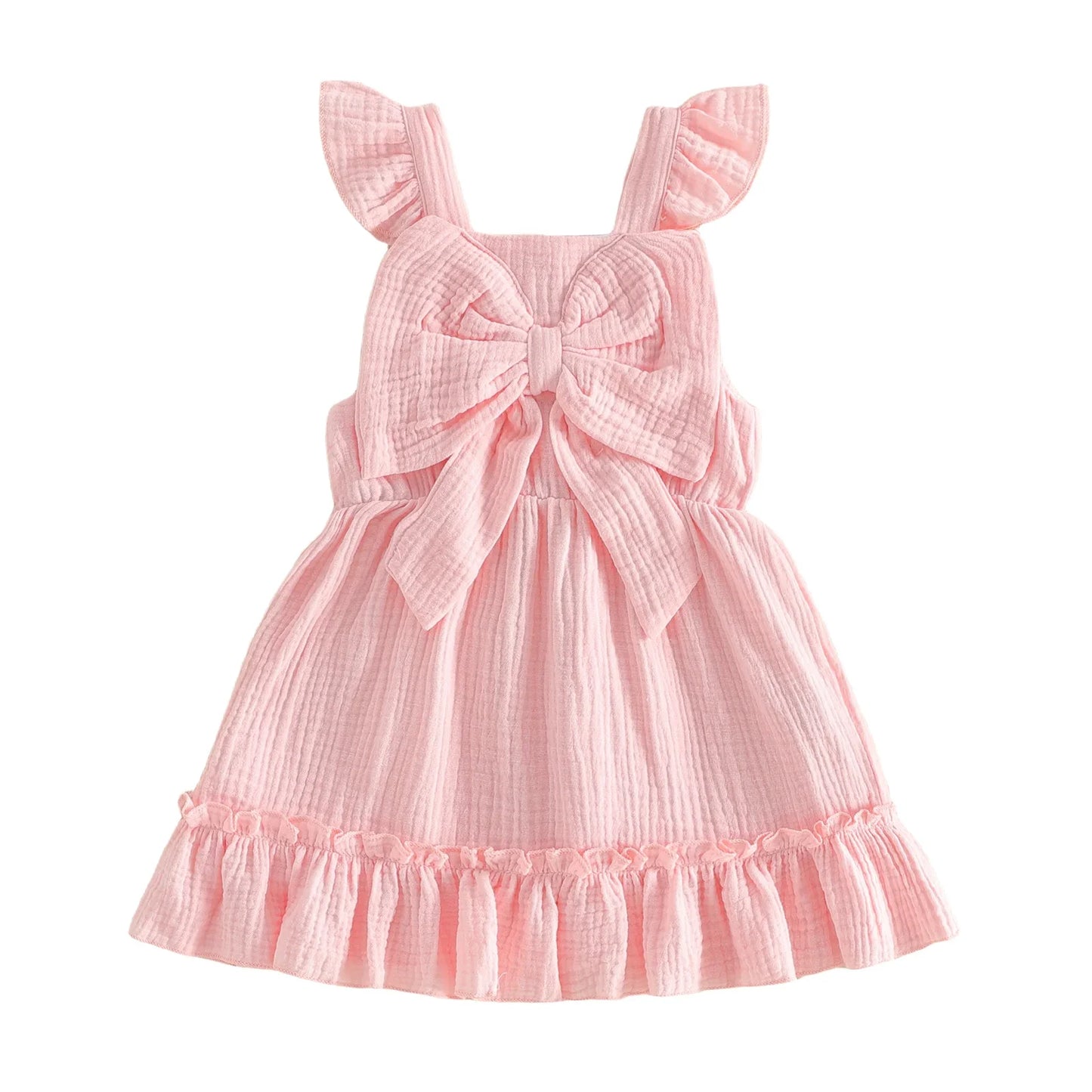 Toddler Kids Baby Girls Summer Casual Dress Princess Girls Solid Cotton Linen Fly Sleeve Bowknot Holiday Party Dress Sundress