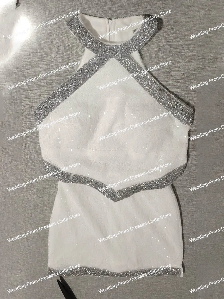 Cute Blue Celebrity Dresses with Silver Edge Sparkle Sequins Mini Cocktail Dresses Short Two Pieces Perform Dresses New in 2024