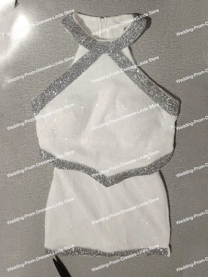 Cute Blue Celebrity Dresses with Silver Edge Sparkle Sequins Mini Cocktail Dresses Short Two Pieces Perform Dresses New in 2024