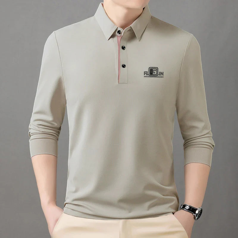 High End Brand Quality Men's Polo Shirt Autumn Exquisite Solid Color Letter Print Lapel Long Sleeve Business Classic Menswear
