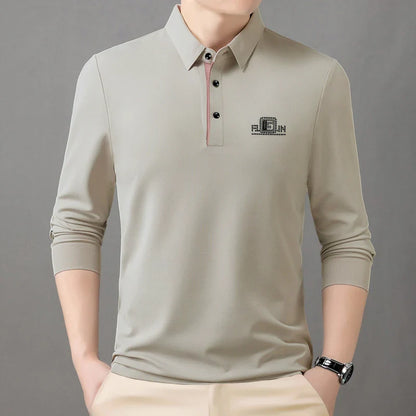 High End Brand Quality Men's Polo Shirt Autumn Exquisite Solid Color Letter Print Lapel Long Sleeve Business Classic Menswear
