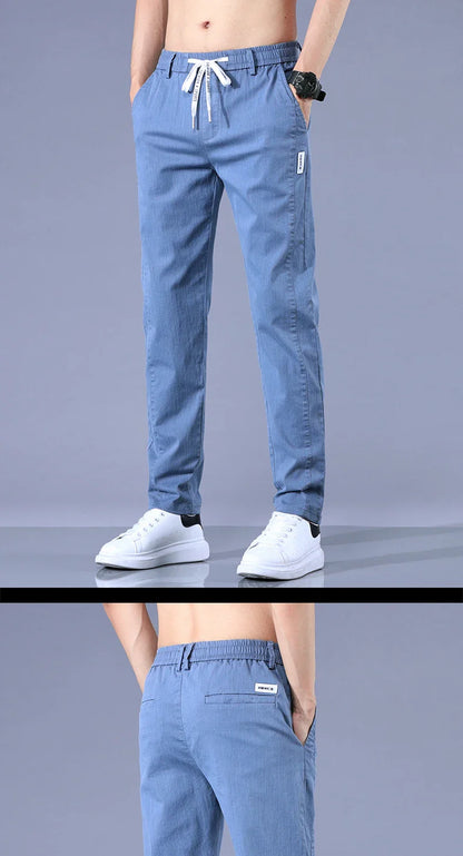 Size 28-38 Thin Casual Pants Mens Slim Simple Cotton Stretch Spring Summer Trousers Elastic Waist Drawstring Jogging Sweatpants