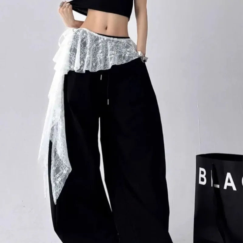 Embroidered Flower Lace Mini Skirt Irregular See Through Ruched Skirts Y2K Streetwear Lace-up Design Butt Curtain