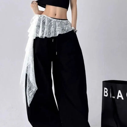 Embroidered Flower Lace Mini Skirt Irregular See Through Ruched Skirts Y2K Streetwear Lace-up Design Butt Curtain