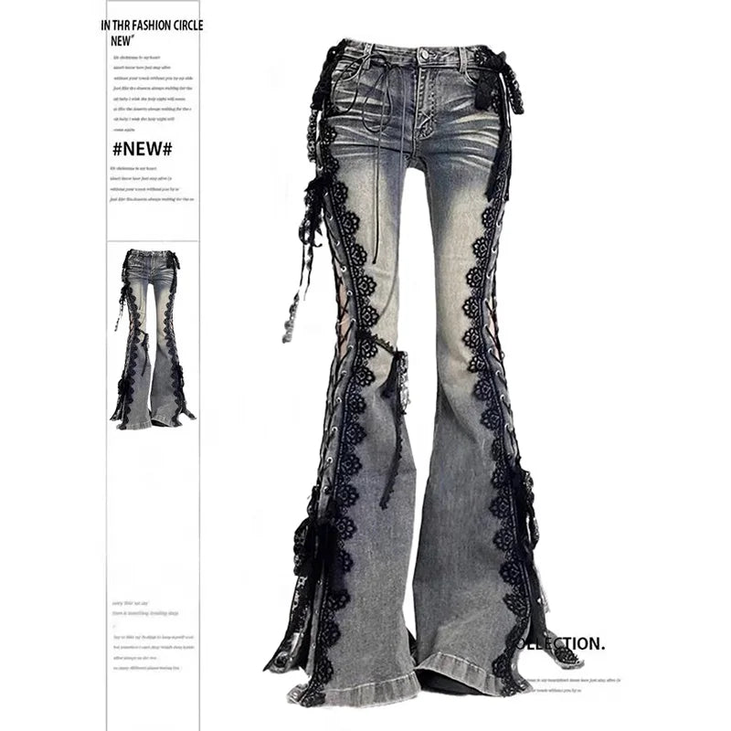 Women Dark Academia Goblin Core Harajuku Y2K Low Rise Lace Jeans Abi Denim Flare Pants Bell-Bottom Y2k Japanese Goth Gyaru Kpop
