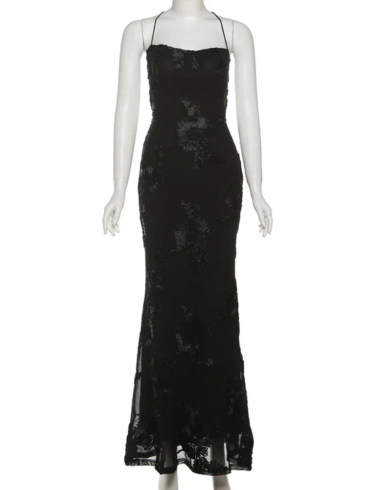Elegant Flower Embroidery Maxi Dress Women Low-Neck Cross Bandage Backless Summer Street Trend Skinny Holiday Vestidos