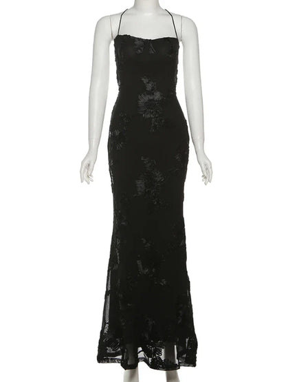 Elegant Flower Embroidery Maxi Dress Women Low-Neck Cross Bandage Backless Summer Street Trend Skinny Holiday Vestidos