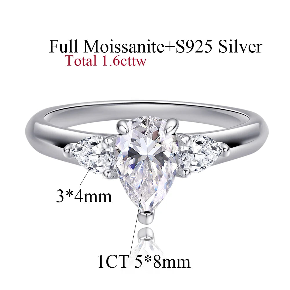 1/2/3/4CT Pear Cut Moissanite 3-stone Ring for Women S925 Silver Sparkling D Waterdrop Diamond Wedding Band Fine Jewelry