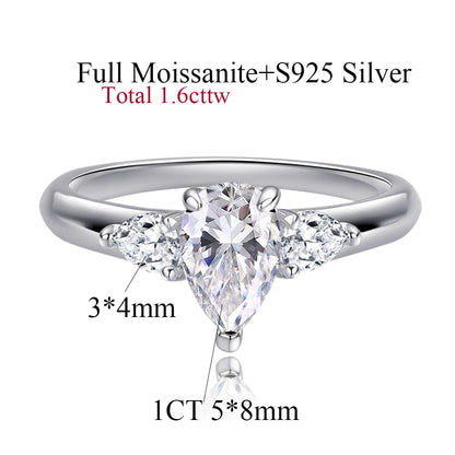 1/2/3/4CT Pear Cut Moissanite 3-stone Ring for Women S925 Silver Sparkling D Waterdrop Diamond Wedding Band Fine Jewelry