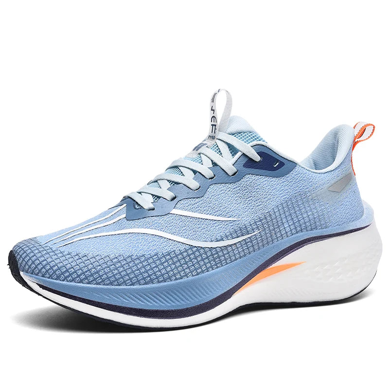 Sapatos de corrida esportivos casuais masculinos e femininos de moda com superfície de malha respirável, suporte de placa de carbono e sola de borracha resistente ao desgaste