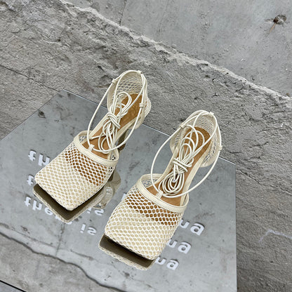 Summer Sexy Mesh Pumps Sandals Female Square Toe High Heel Lace Up Cross-Tied Stiletto Hollow Dress Party Shoes
