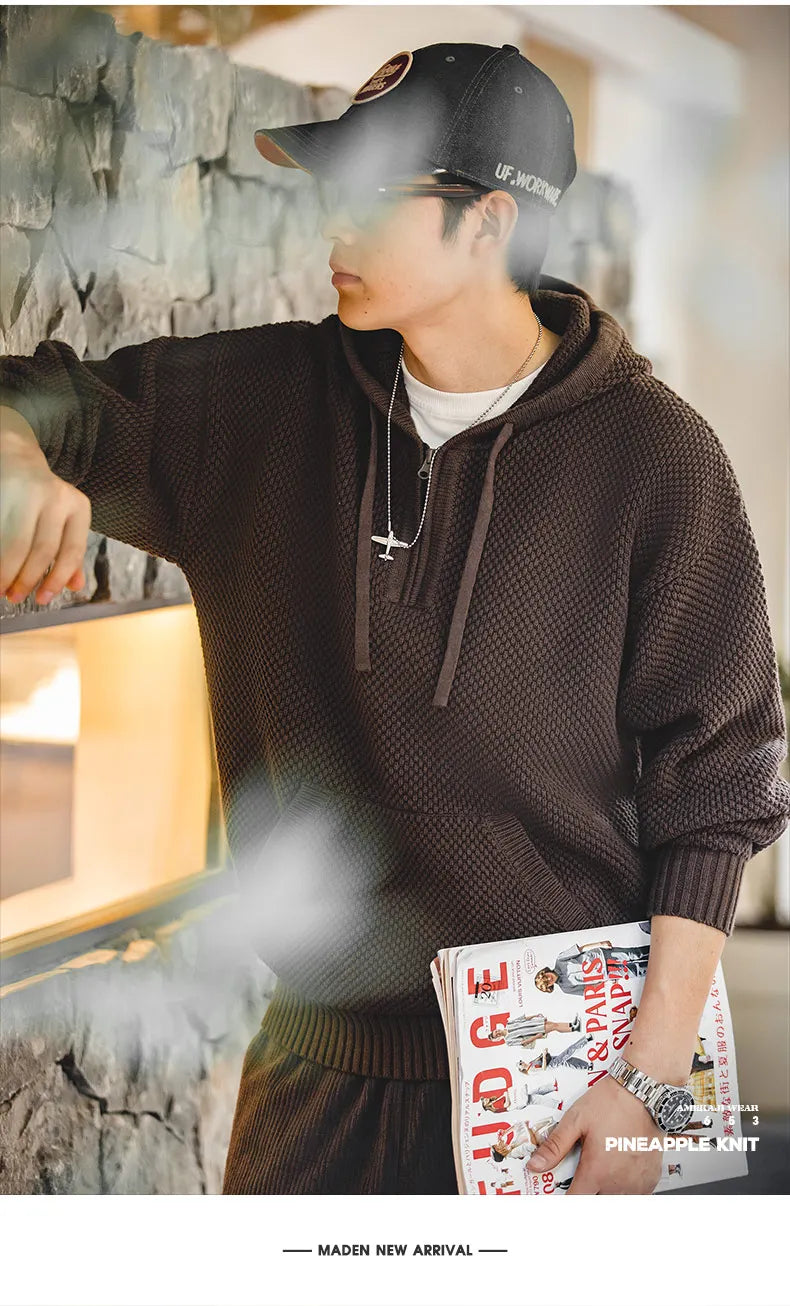 Casual Knit Sweater Half-zip Basics Hoodies for Men Autumn Winter Fashion Brand Pullovers Warm Hooded Sweatshirt Tops