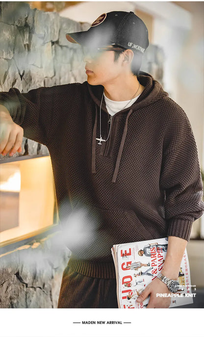 Casual Knit Sweater Half-zip Basics Hoodies for Men Autumn Winter Fashion Brand Pullovers Warm Hooded Sweatshirt Tops