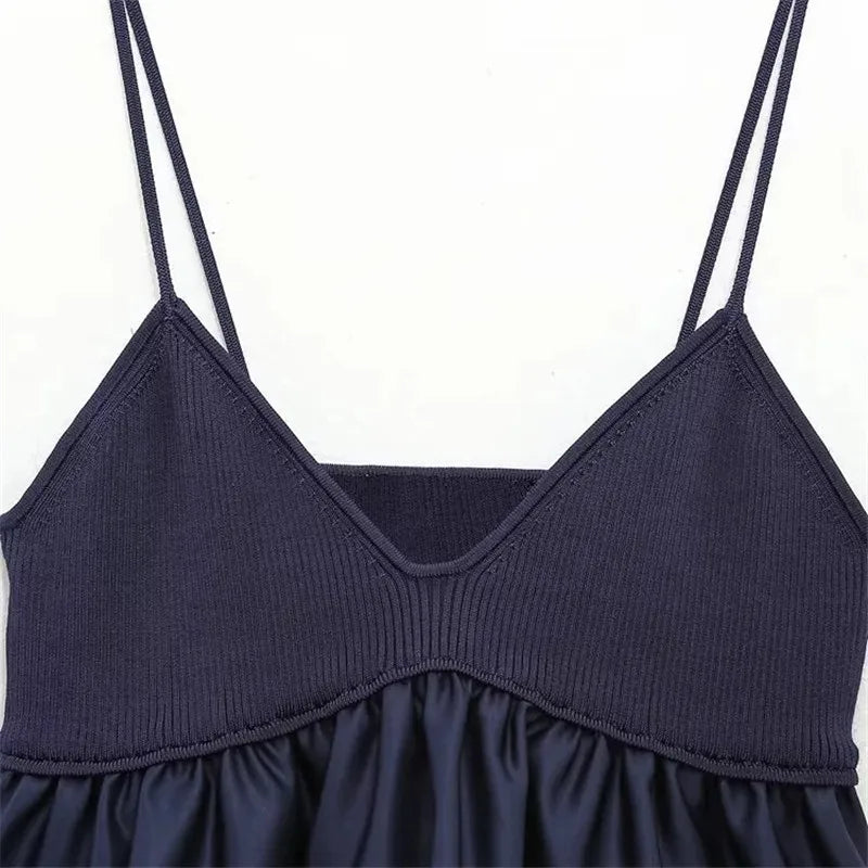 Blue Knitted Top Female Sleeveless Crop Tops Women 2024 Summer Backless Corset Top Woman Patchwork Ruffle Beach Tank Tops