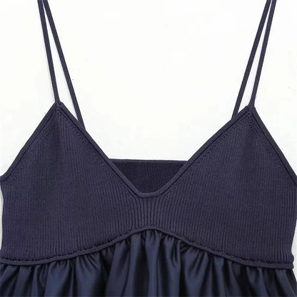 Blue Knitted Top Female Sleeveless Crop Tops Women 2024 Summer Backless Corset Top Woman Patchwork Ruffle Beach Tank Tops
