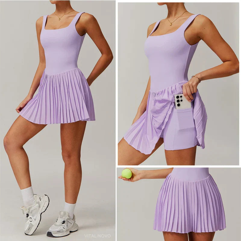 Workout Tennis Dress with Built in Shorts Square Neck Padded Workout Dress with Pockets Golf Athletic Mini Dresses