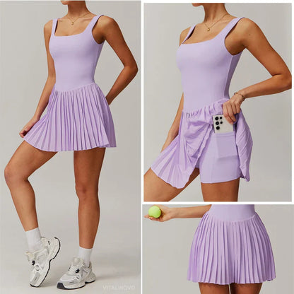 Workout Tennis Dress with Built in Shorts Square Neck Padded Workout Dress with Pockets Golf Athletic Mini Dresses