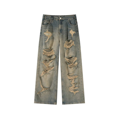 Ripped Jeans Men's Straight Loose Wide-leg American High Street Pants Retro Trousers Cotton Casual Pants Baggy Jeans