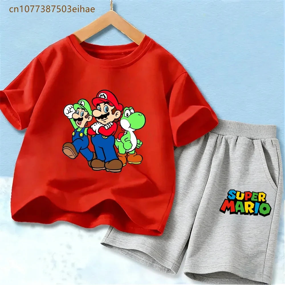 Cute Mario Pattern Children 2 Piece Suits Pure Cotton Short Sleeve Tee Tops + Fashion Shorts Summer Casual Daily Wear