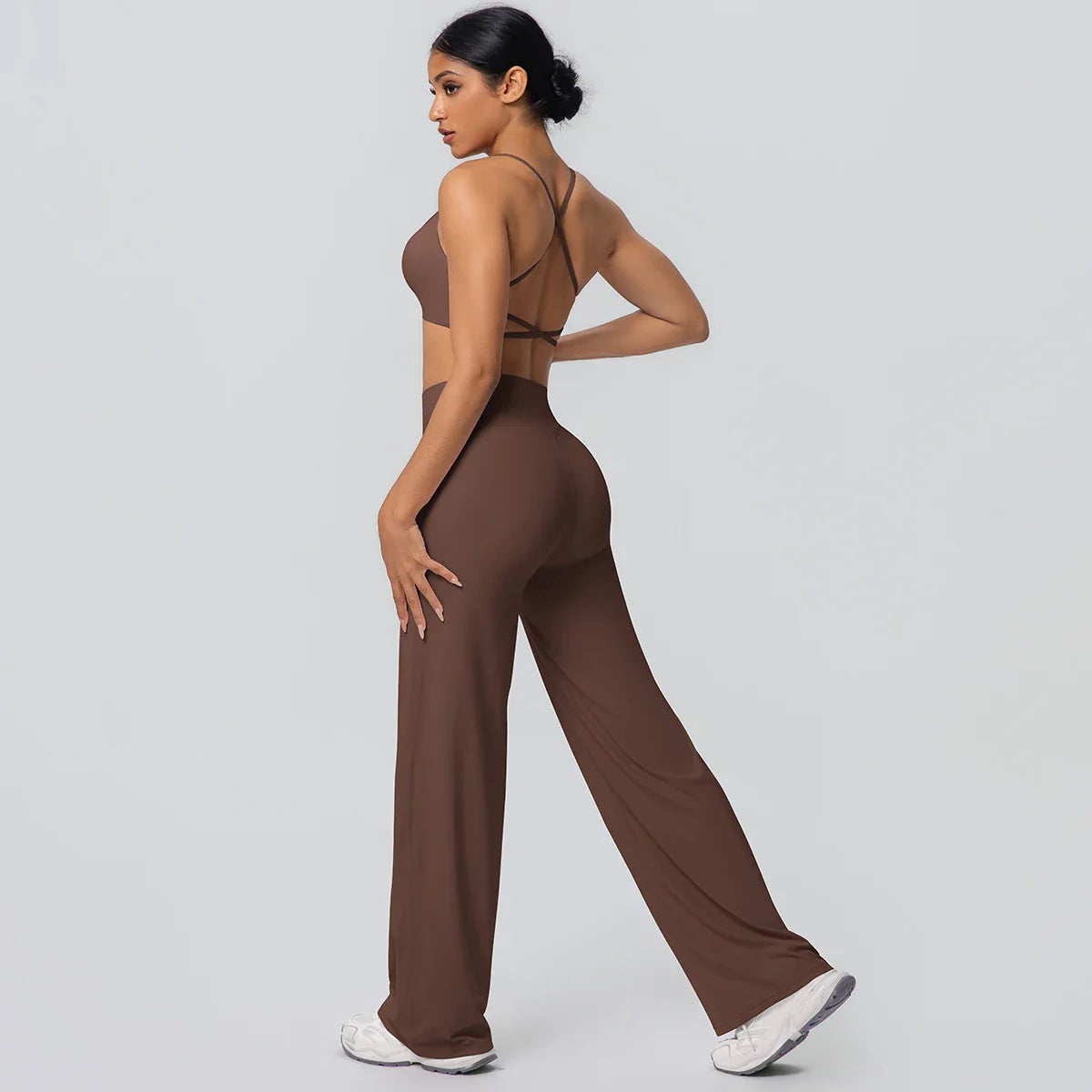 Women Gym Sports Yoga Suit Sexy Beautiful Back Yoga Underwear With Chest Pad Solid Color High Waisted Wide Leg Pants Yoga Set